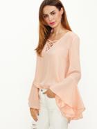 Romwe Pink Crisscross V Neck Bell Sleeve Split Back Blouse