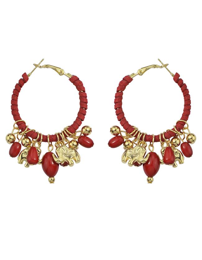 Romwe Red Hanging Beads Women Large Hoop Earrings
