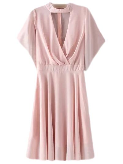 Romwe Pink Zipper Back Cut Out Pleated Chiffon Dress