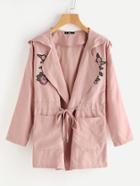 Romwe Embroidered Flower Applique Drawstring Waist Hooded Coat