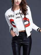 Romwe Lips Print Striped Zipper Jacket