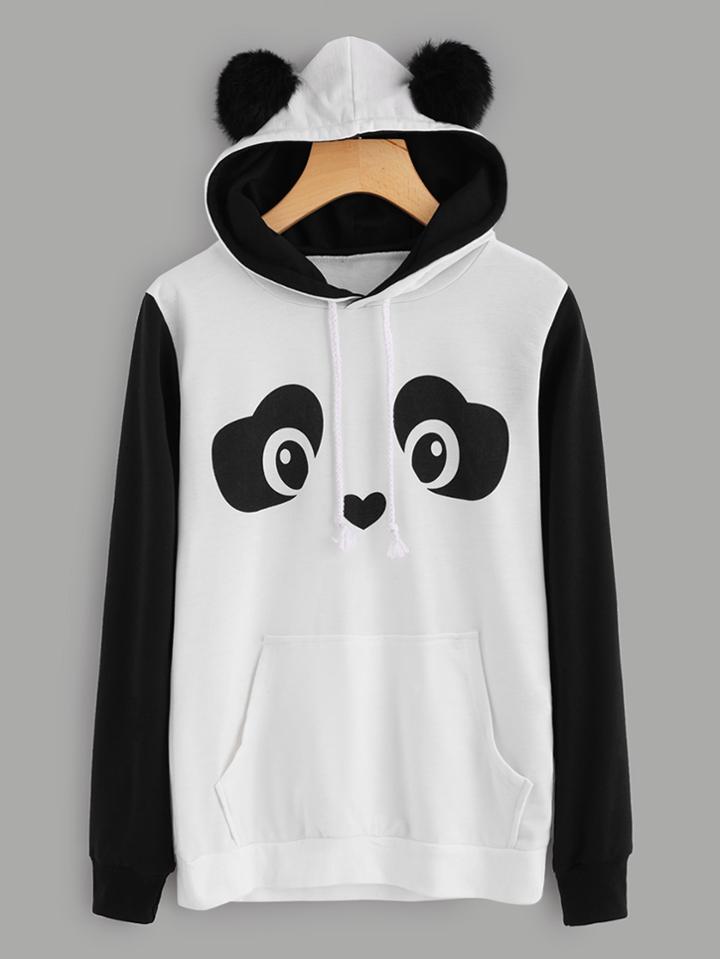 Romwe Panda Hoodie With Faux Fur Ball