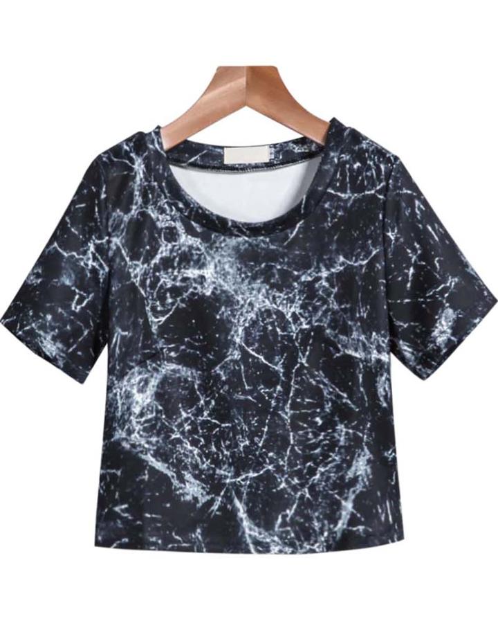 Romwe Black Short Sleeve Crack Print Crop T-shirt