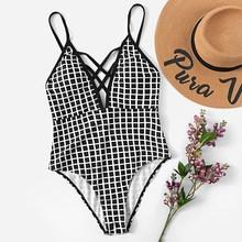 Romwe Grid Criss Cross One Piece Swimsuit