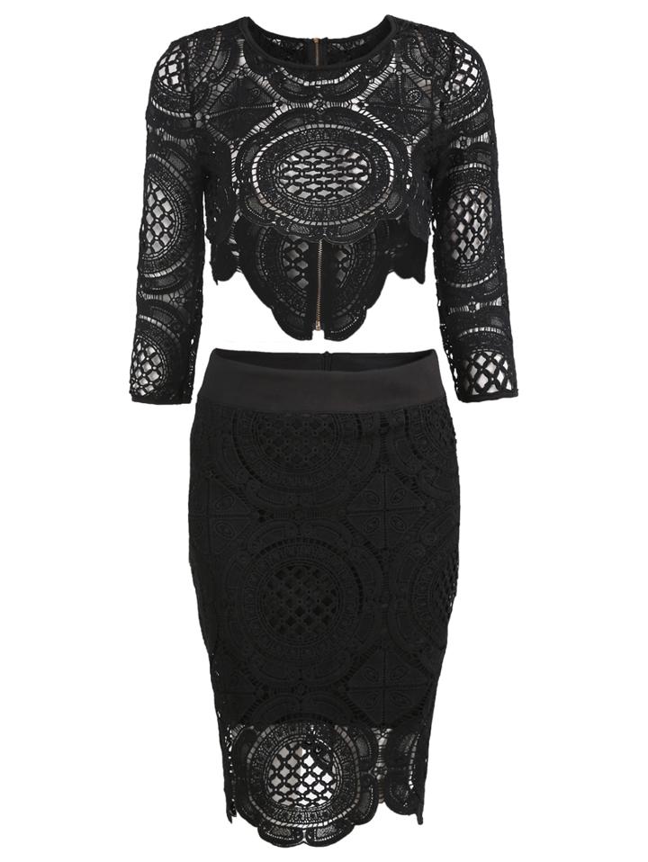 Romwe Lace Crochet Hollow Crop Top With Asymmetrical Hem Skirt