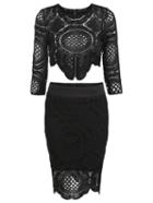 Romwe Lace Crochet Hollow Crop Top With Asymmetrical Hem Skirt