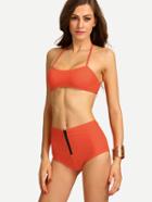 Romwe Zip Front High Waist Bikini Set - Orange