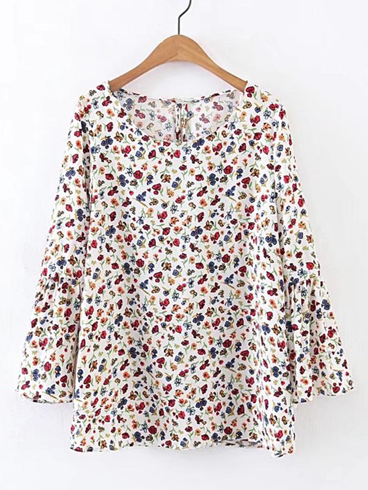 Romwe Bell Sleeve Floral Print Blouse