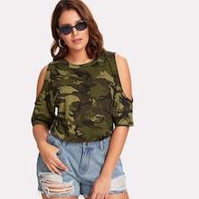 Romwe Plus Open Shoulder Camouflage Top