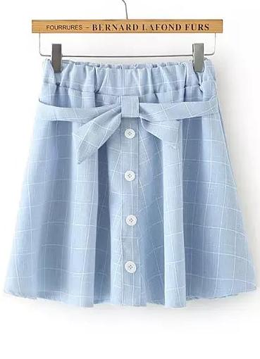 Romwe Blue Bow Plaid Pleated Skirt