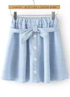 Romwe Blue Bow Plaid Pleated Skirt