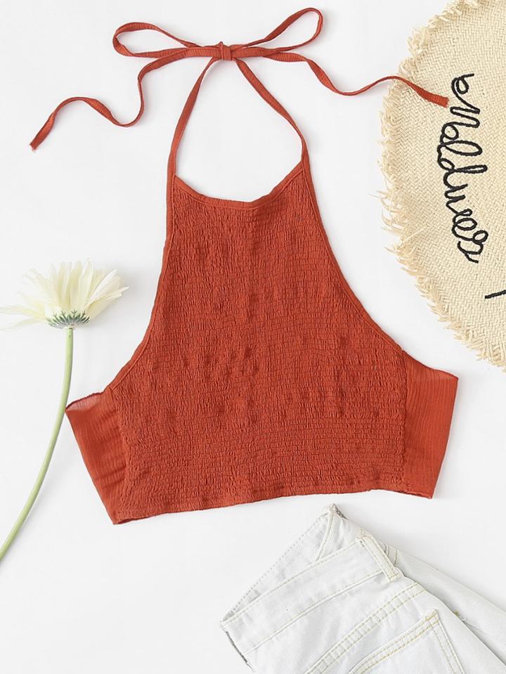 Romwe Knot Back Halter Crop Top