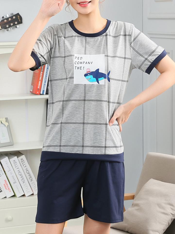 Romwe Letter Print Checked Tee & Shorts Pj Set