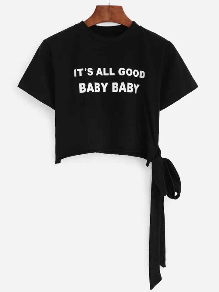 Romwe Black Letters Print Knotted Side Crop T-shirt