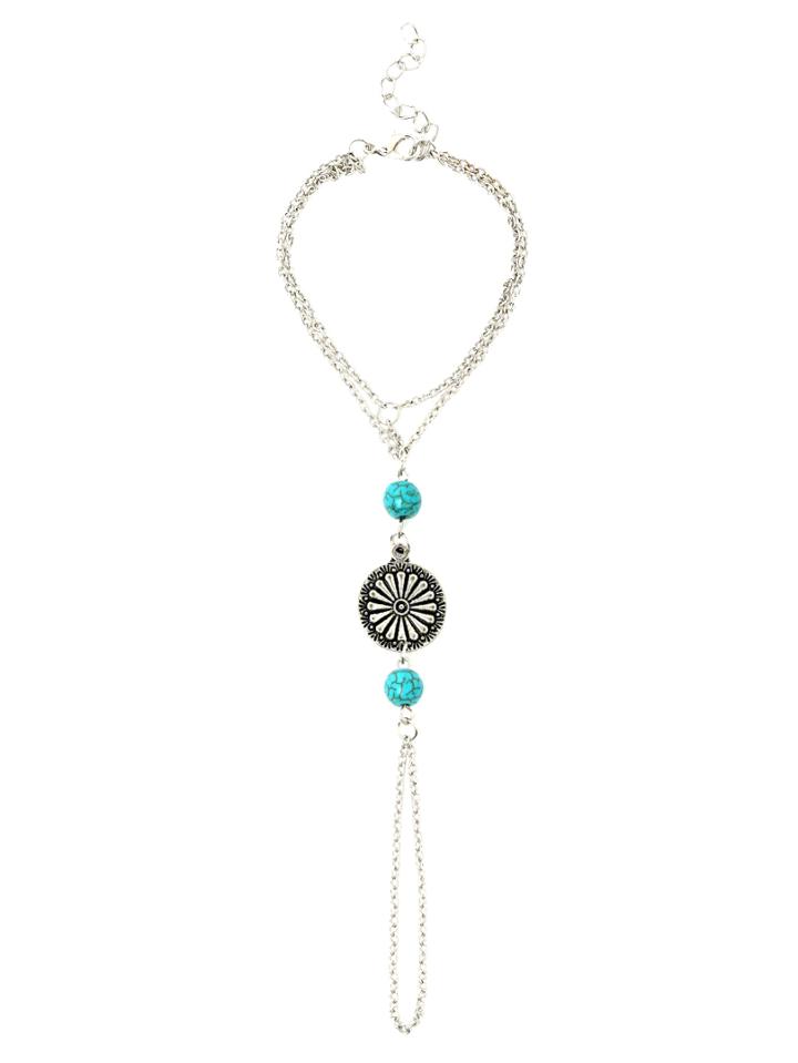 Romwe Antique Silver Beaded Round Metal Carved Turquoise Hand Chain