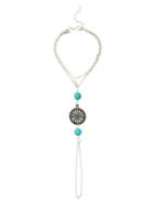 Romwe Antique Silver Beaded Round Metal Carved Turquoise Hand Chain