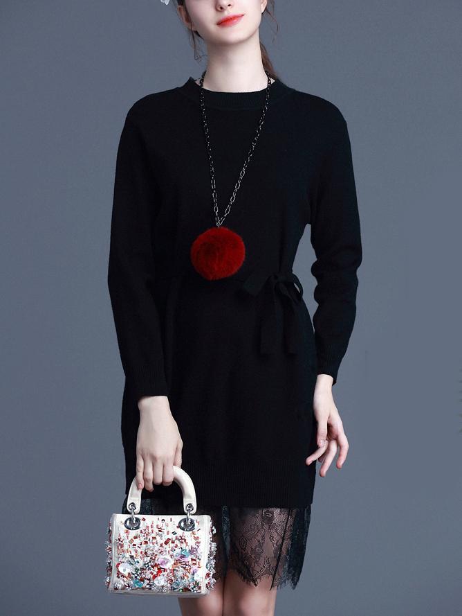 Romwe Lace Insert Belt Black Sweater Dress