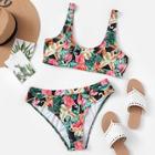Romwe Plus Scoop Neck Top With Flower Print Bikini Set