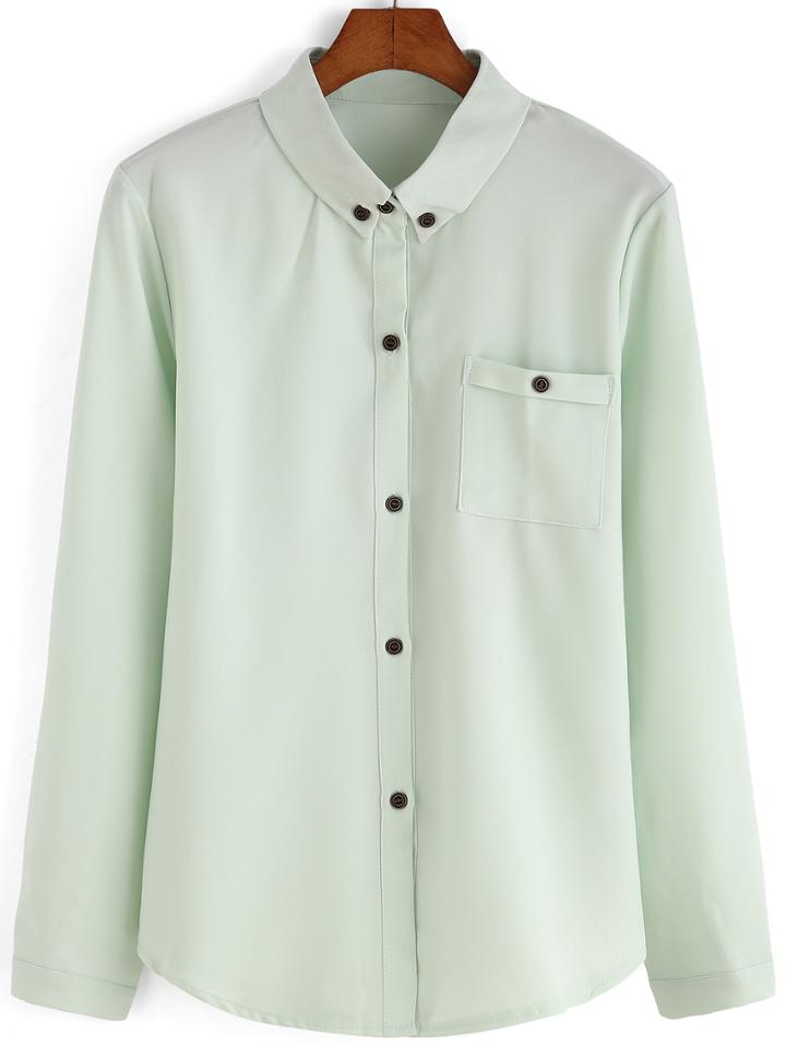 Romwe Lapel Button-down Pocket Green Blouse