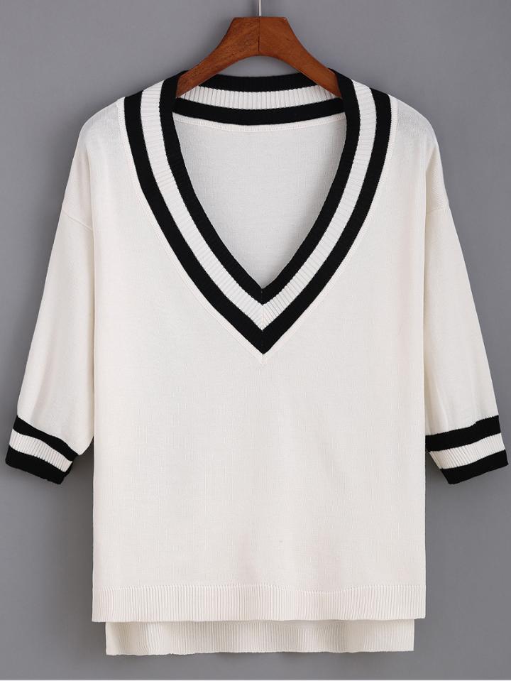 Romwe V Neck Dip Hem Striped Trim Sweater