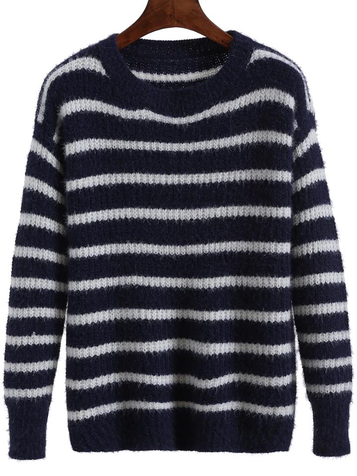 Romwe Striped Fuzzy Navy White Sweater