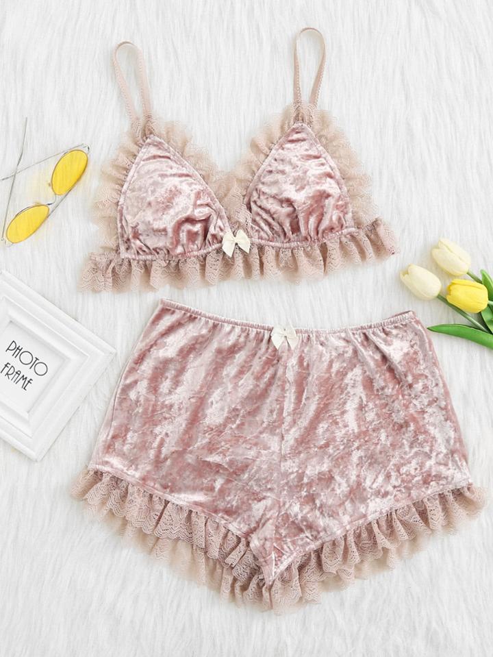 Romwe Lace Trim Crushed Velvet Bralette & Shorts Pj Set