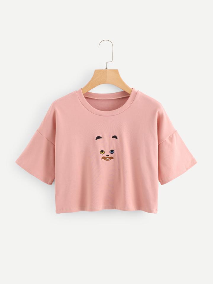 Romwe Drop Shoulder Face Embroidered Tee
