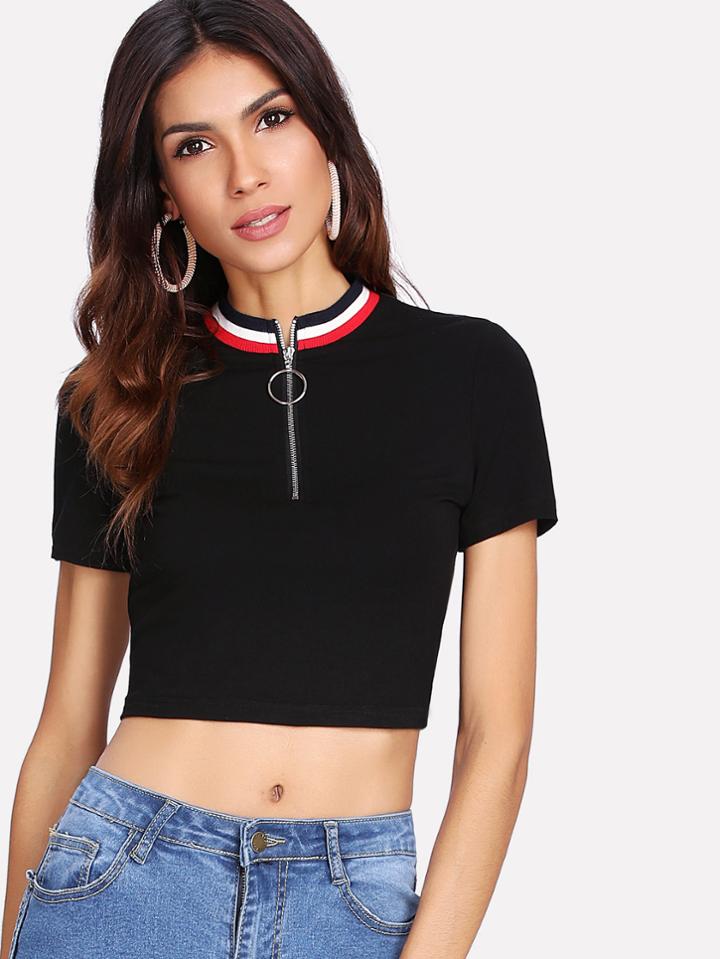 Romwe Ring Zip Half Placket Contrast Tape Crop Tee