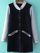 Romwe Contrast Collar Buttons Pockets Navy Cardigan