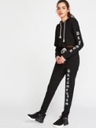 Romwe Black Letter Print Crop Hoodie With Sweatpants