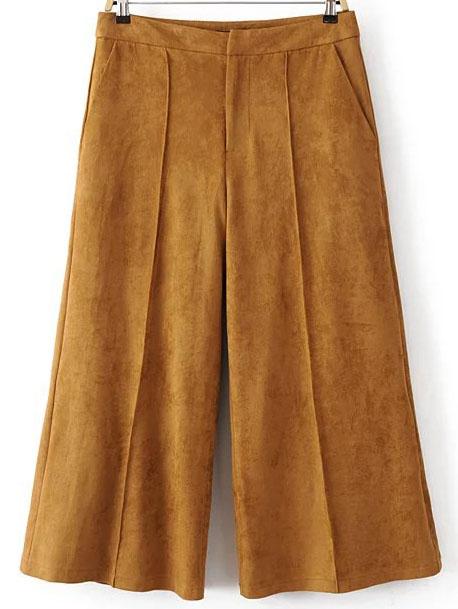 Romwe Khaki Wide Leg Suede Pants