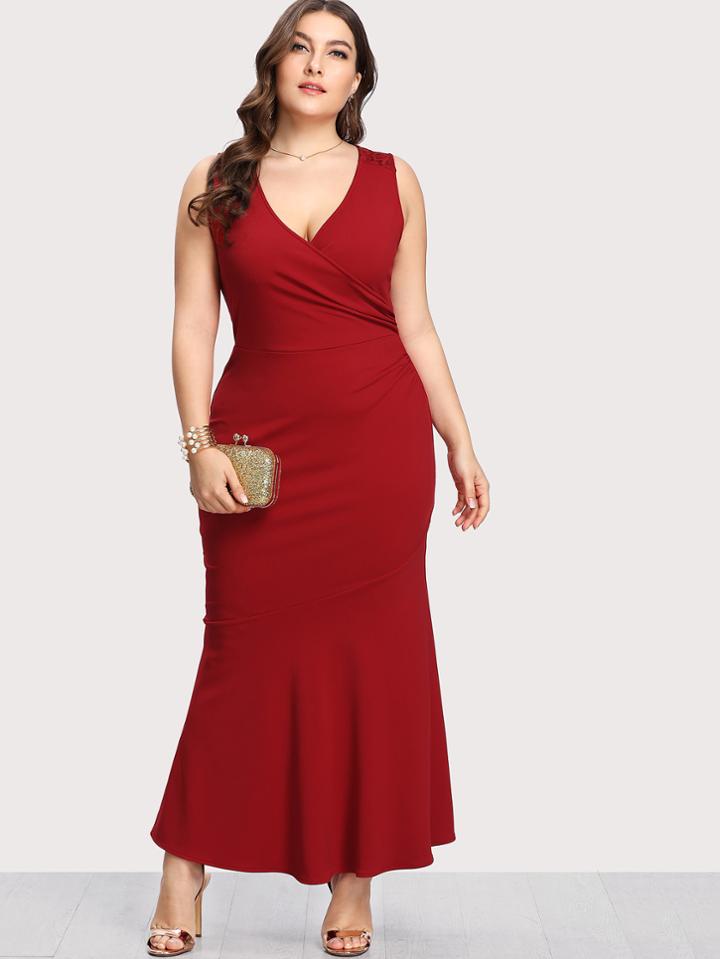 Romwe Surplice Neckline Lace Overlay Fishtail Hem Dress