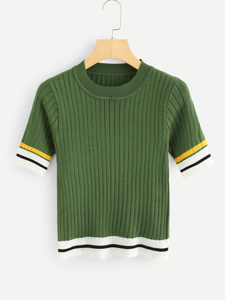 Romwe Striped Trim Ribbed Knit Top