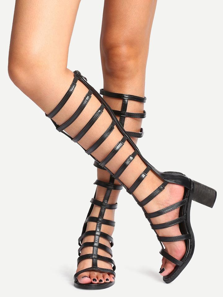 Romwe Black Peep Toe Zipper Gladiator Chunky Sandals