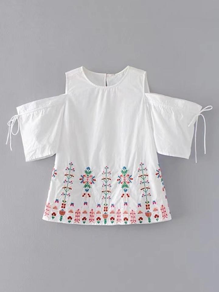 Romwe Open Shoulder Tie Detail Embroidery Top