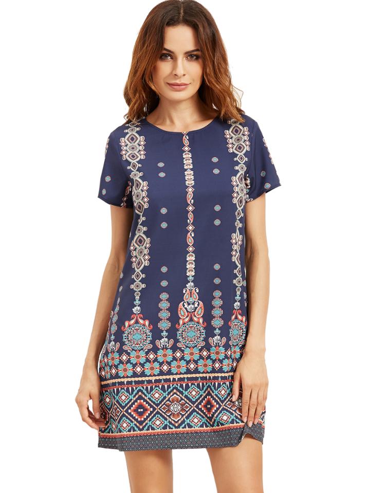 Romwe Aztec Print Short Sleeve Shift Dress