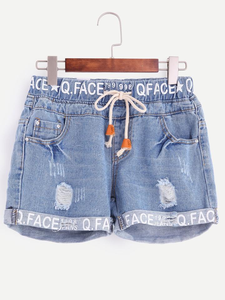 Romwe Blue Letter Print Roll Hem Denim Shorts