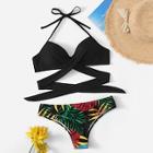 Romwe Cross Wrap Halter Top & Random Tropical Bikini Set