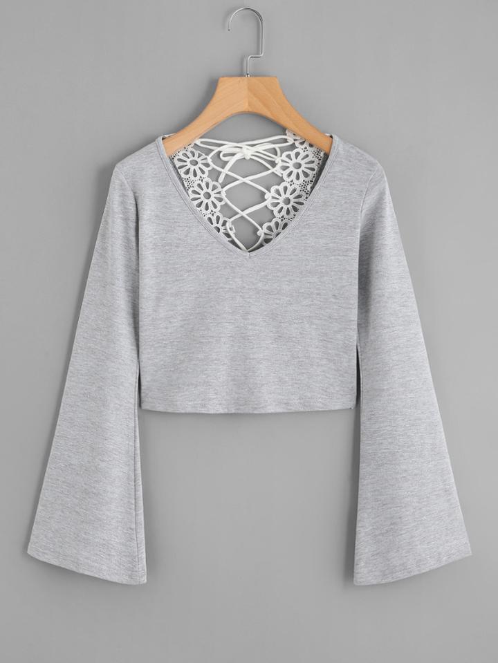 Romwe Bell Sleeve Lace Panel Lace Up Back Tee