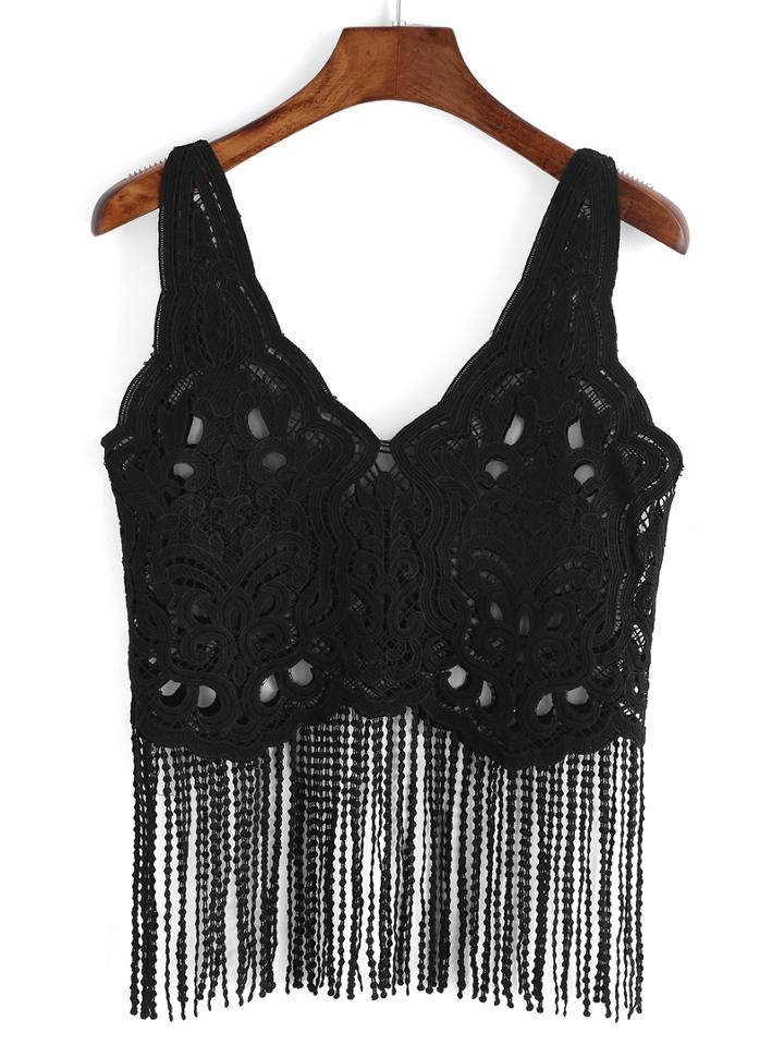 Romwe V Neck Fringe Lace Tank Top
