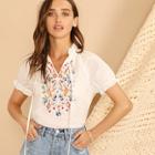Romwe Tie Neck Flower Embroidered Frill Trim Top