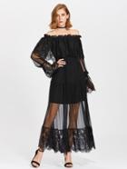 Romwe Frill Off Shoulder Lace Overlay Tiered Dress