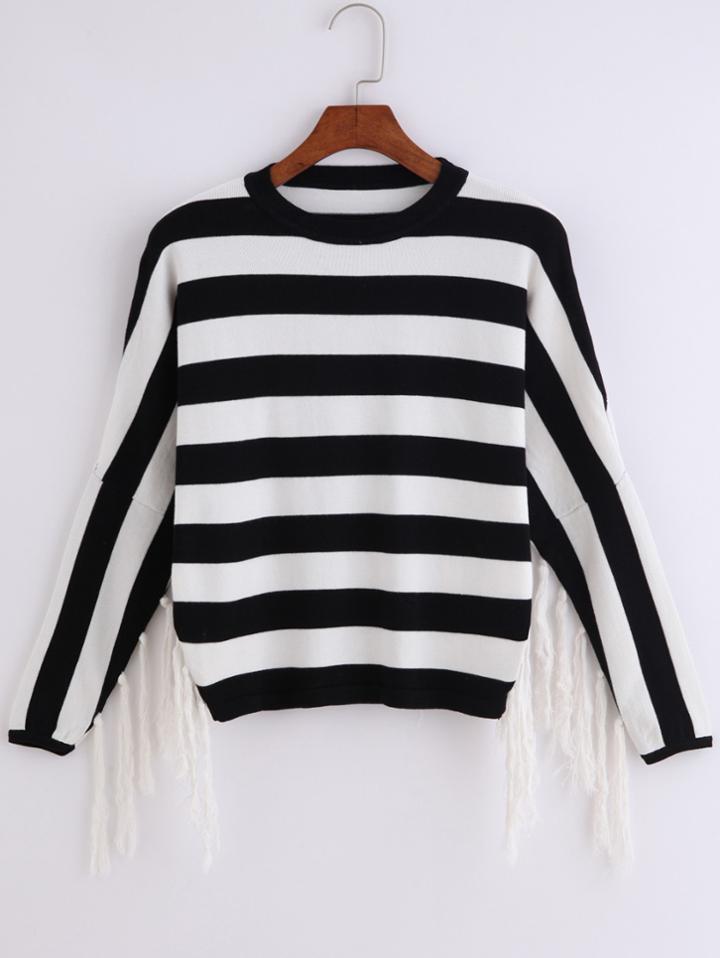 Romwe With Tassel Striped Knit Sweater