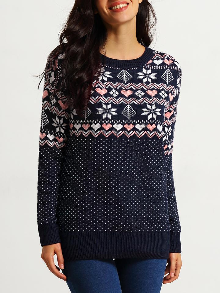 Romwe Navy Long Sleeve Snowflake Print Sweater