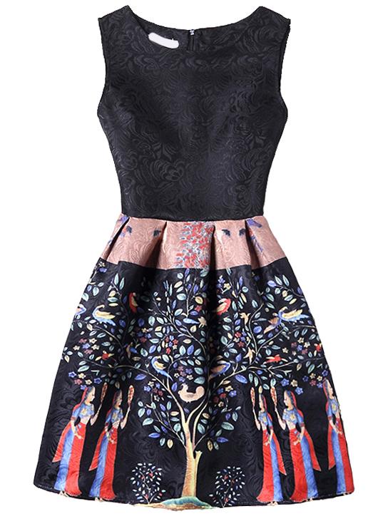 Romwe Black Tree Print Fit & Flare Sleeveless Dress