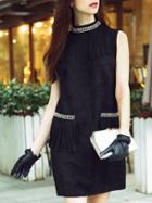 Romwe Black Round Neck Backless Sleevless Beading Pockets Tassel Dress