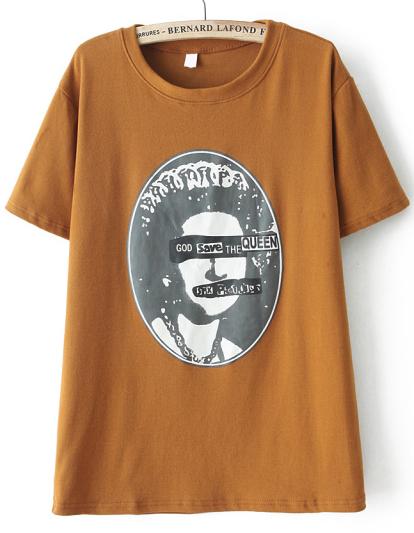 Romwe Round Neck Vintage Pattern Print Khaki T-shirt