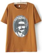 Romwe Round Neck Vintage Pattern Print Khaki T-shirt