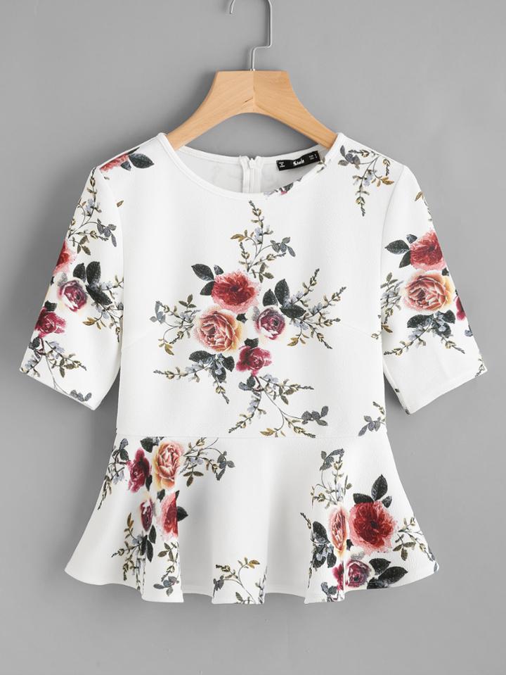 Romwe Zipper Back Ruffle Hem Peplum Top