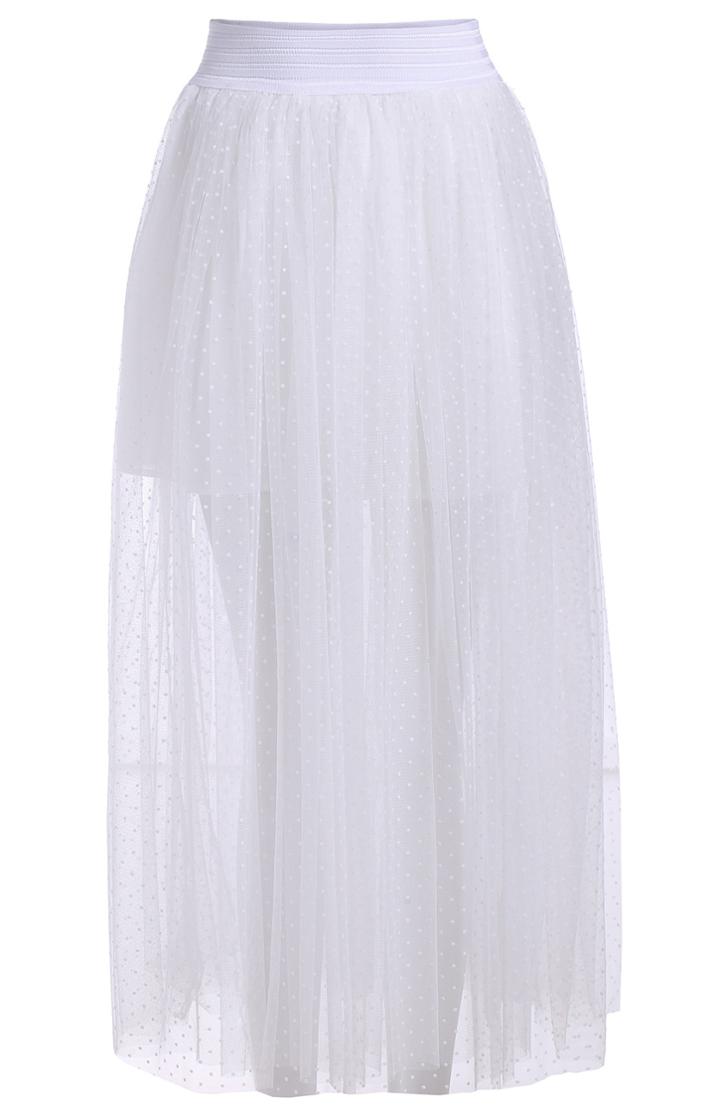 Romwe Elastic Waist Polka Dot Mesh Skirt